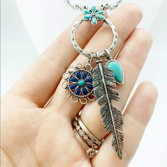 Lucky Brand Silver and Turquoise Flower Feather Charm Necklace - Picture 4 of 11
